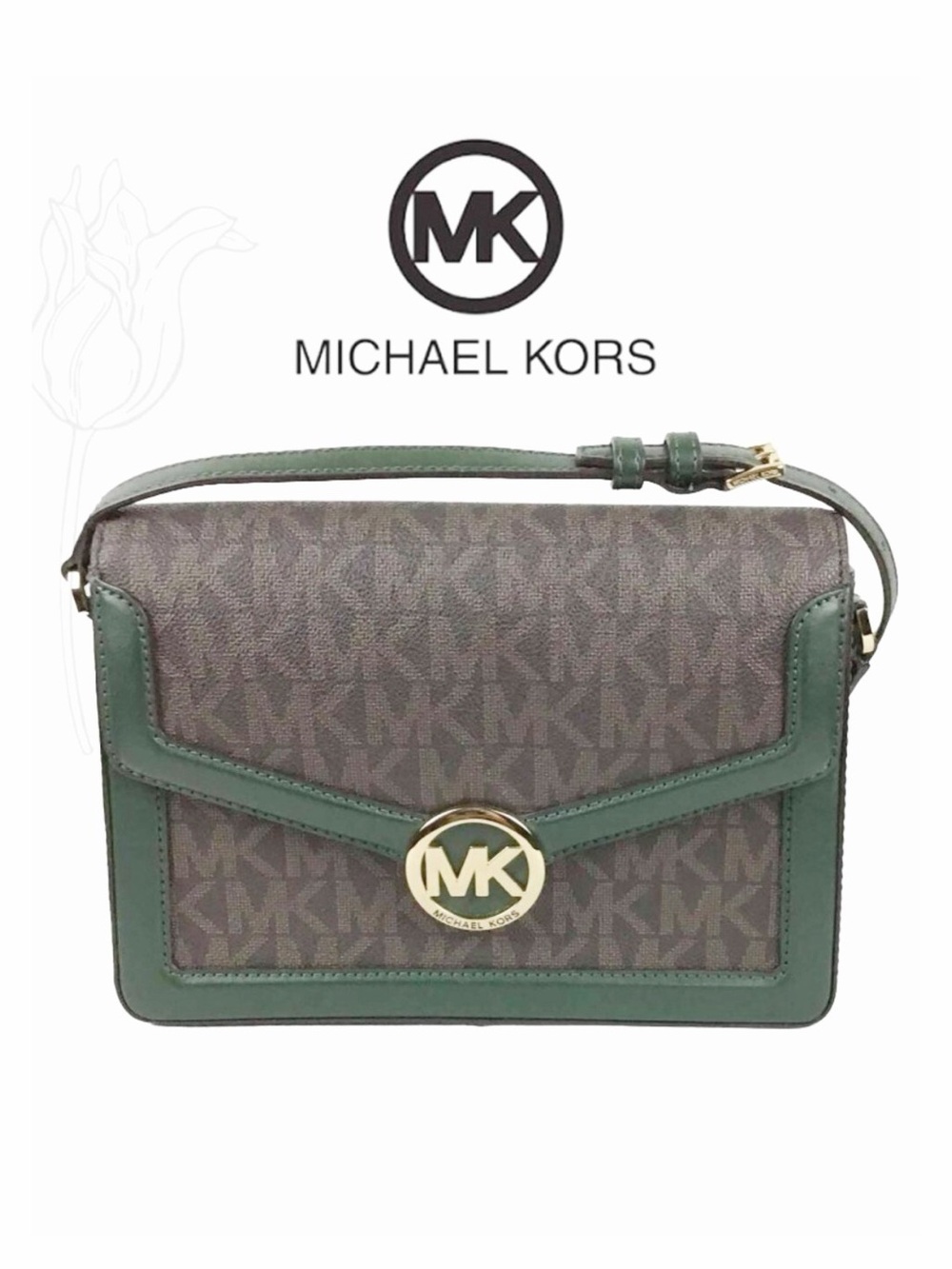 Micheal Kors Jessie Brown/Green Leather Crossbody Bag